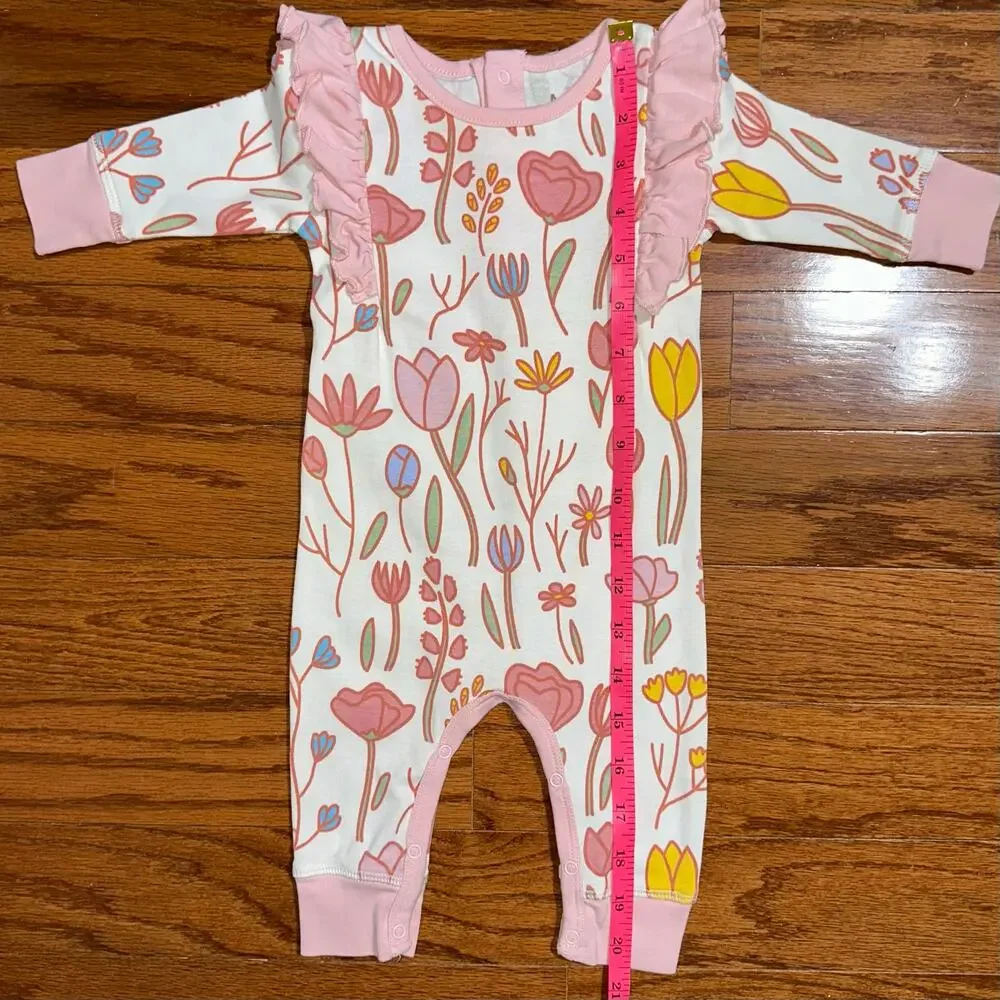 M+A Monica + Andy Pink Floral Organic Cotton Long Sleeve Ruffle Romper Size 3-6M